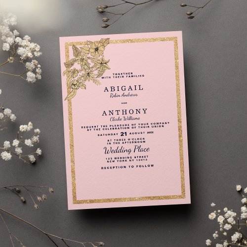 Elegant Navy Blush Gold Floral Border Illustration Invitation