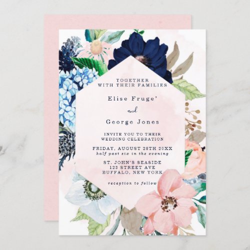 Elegant Navy Blush Pink Chic Floral Wedding Invitation