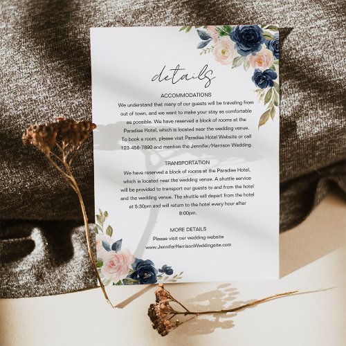 Elegant Navy  Blush Pink Floral Wedding Details Enclosure Card