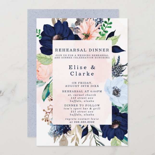 Elegant Navy Blush Pink Florals Rehearsal Dinner I Invitation (Front/Back)