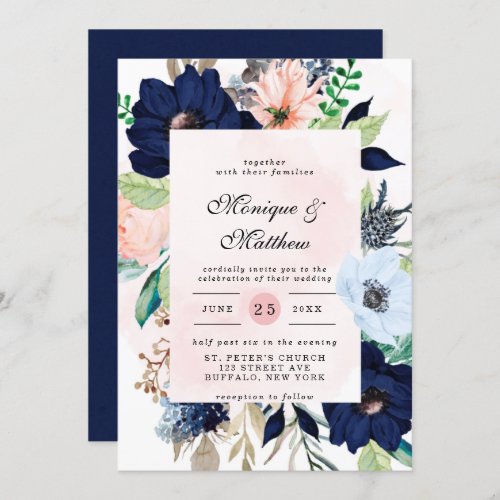 Elegant Navy Blush Pink Florals Wedding Invitation