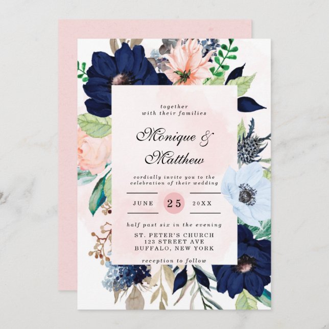 Elegant Navy Blush Pink Florals Wedding Invitation (Front/Back)