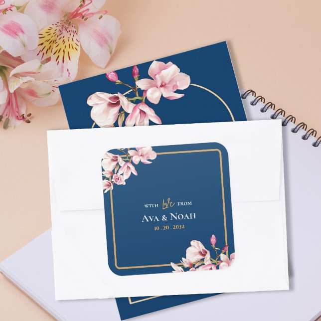 Elegant Navy Blush Pink Magnolia Floral Wedding Square Sticker (Elegant Navy Blush Pink Magnolia Floral Wedding Square Sticker)