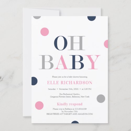 Elegant navy blush pink polka dot baby shower invitation