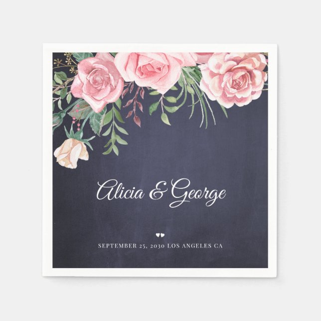 Elegant navy blush pink watercolor floral wedding napkins (Front)