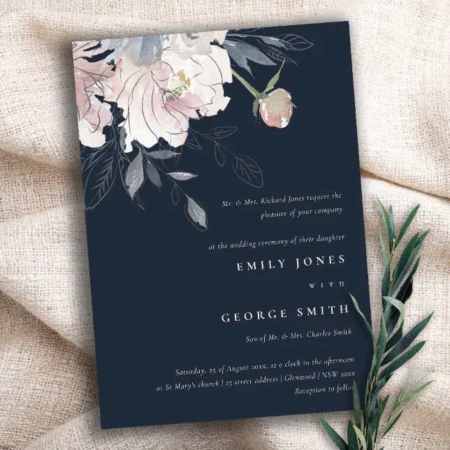 Elegant Navy Blush Watercolor Floral Wedding Invitation | Zazzle