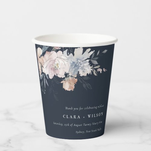 Elegant Navy Blush Watercolor Floral Wedding Paper Cups