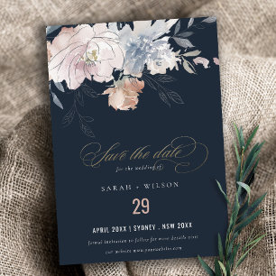 Elegant Navy Blush Watercolor Floral Wedding Save The Date