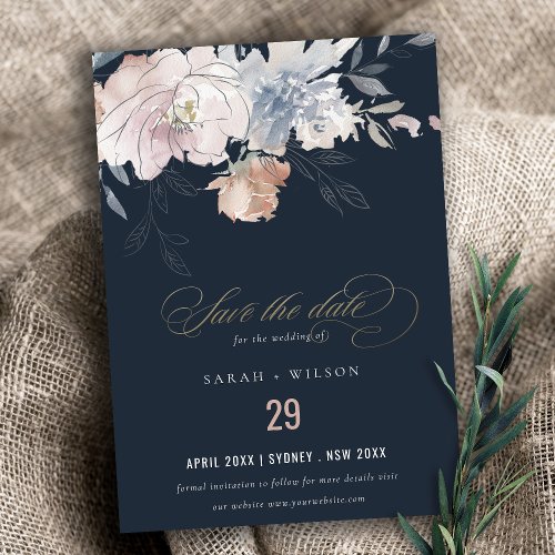 Elegant Navy Blush Watercolor Floral Wedding Save The Date