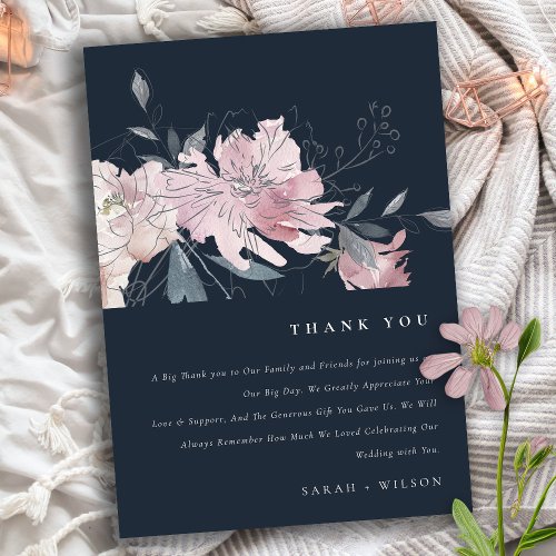 Elegant Navy Blush Watercolor Floral Wedding Thank You Card