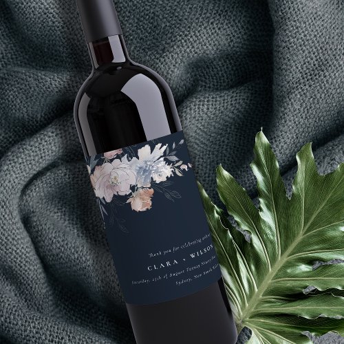 Elegant Navy Blush Watercolor Floral Wedding Wine Label
