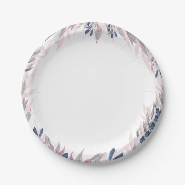 Elegant Navy Blush watercolor Paper Plates (Front)