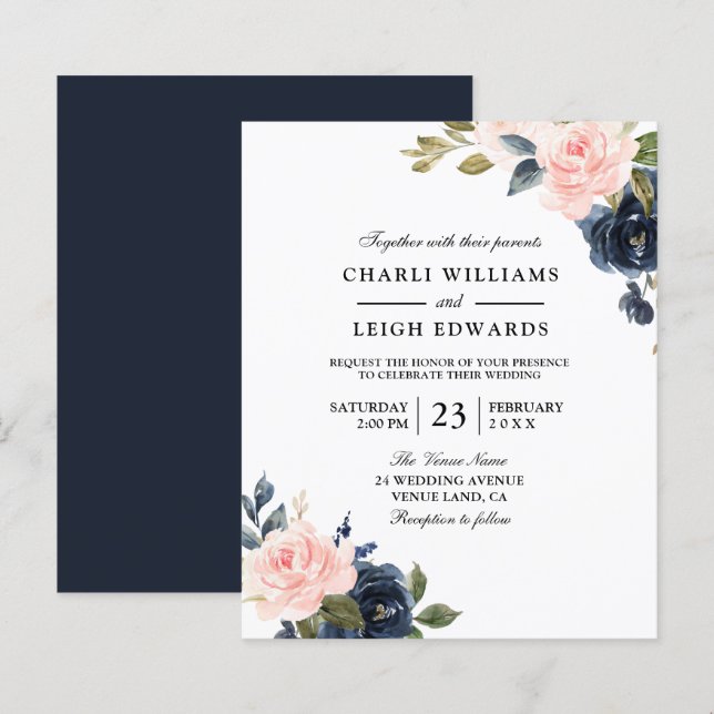 Elegant Navy Blush Wedding on a Budget Invitation (Front/Back)