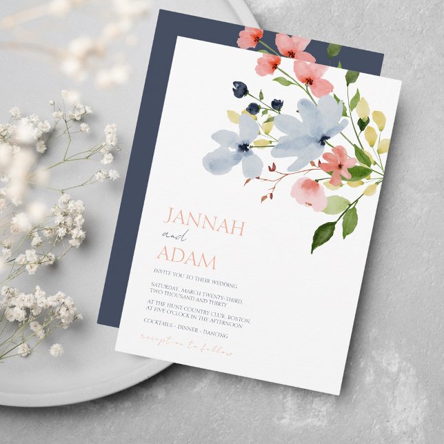 Elegant Navy Boho Floral Wedding Invitation (Creator Uploaded)