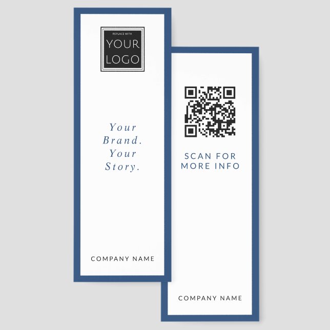  Elegant Navy Border QR Code Company Name Logo  Bookmarks (Front & Back)