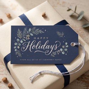 Elegant Navy Botanical Corporate Happy Holidays Gift Tags