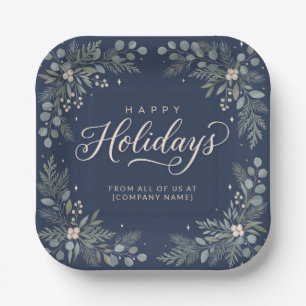 Elegant Navy Botanical Corporate Happy Holidays Paper Plates