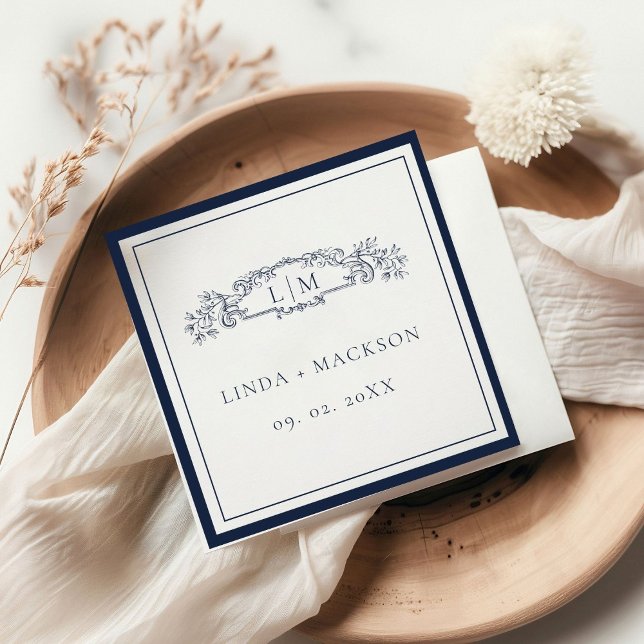 Elegant Navy botanical crest monogram wedding Napkins (Creator Uploaded)