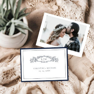 Elegant Navy botanical crest monogram wedding Save The Date