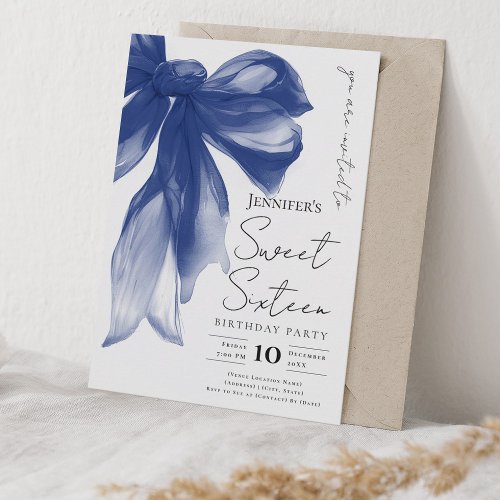 Elegant Navy Bow Coquette Script Sweet 16 Party 