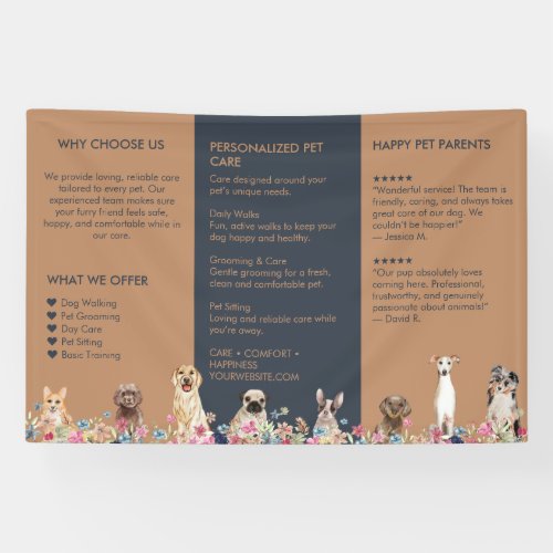 Elegant Navy Brown Dog Business Floral Pet Care Banner