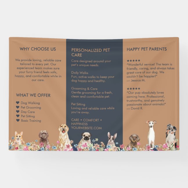 Elegant Navy Brown Dog Business Floral Pet Care Banner