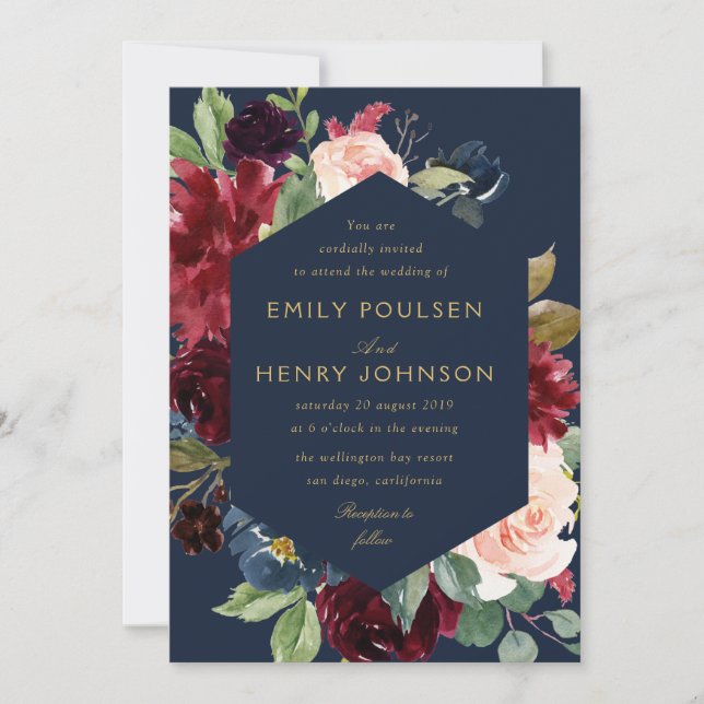 elegant navy burgundy blooms wedding invitation (Front)