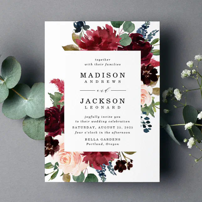 Elegant Navy Burgundy Blush Floral Wedding Invitation | Zazzle