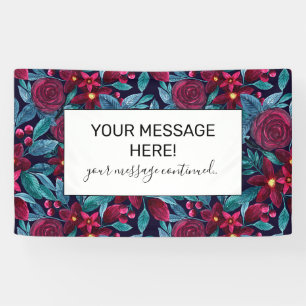 Elegant Navy Burgundy Christmas Floral Watercolor Banner
