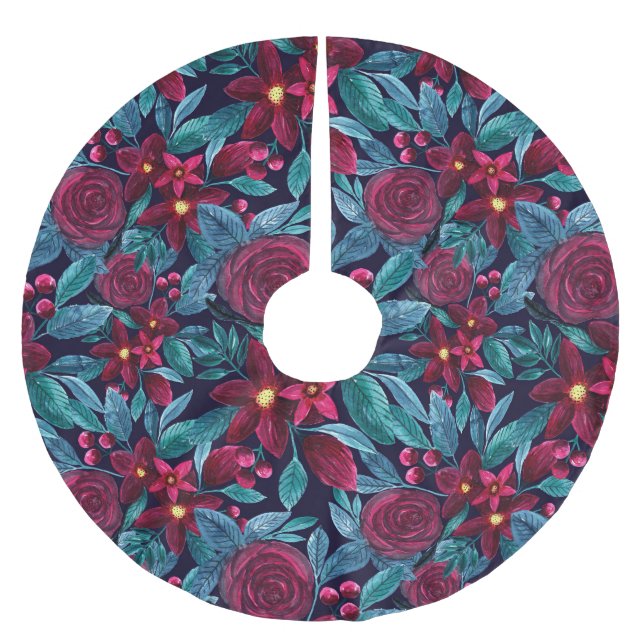Elegant Navy Burgundy Christmas Floral Watercolor Brushed Polyester Tree Skirt (Front)