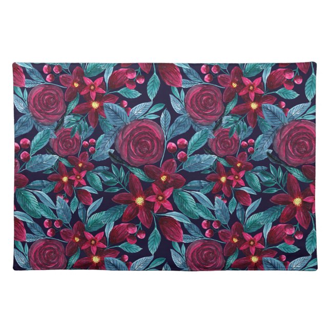 Elegant Navy Burgundy Christmas Floral Watercolor Cloth Placemat (Front)