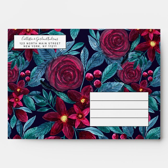 Elegant Navy Burgundy Christmas Floral Watercolor Envelope (Front)