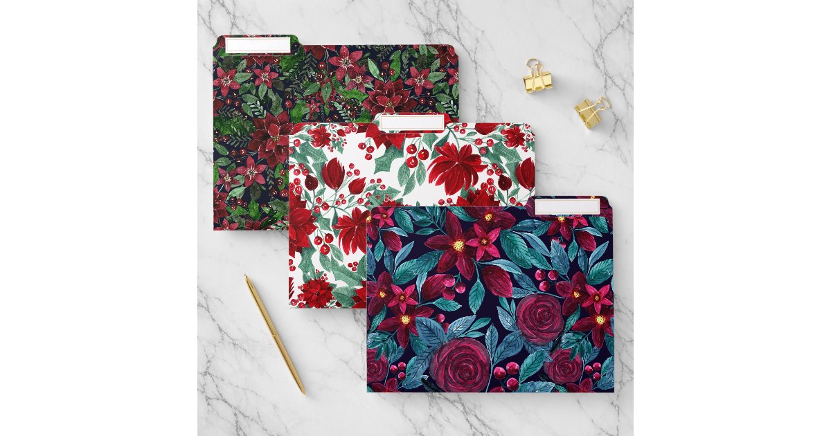 Elegant Navy Burgundy Christmas Floral Watercolor File Folder | Zazzle