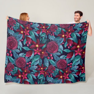 Elegant Navy Burgundy Christmas Floral Watercolor Fleece Blanket