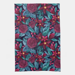 Elegant Navy Burgundy Christmas Floral Watercolor Kitchen Towel