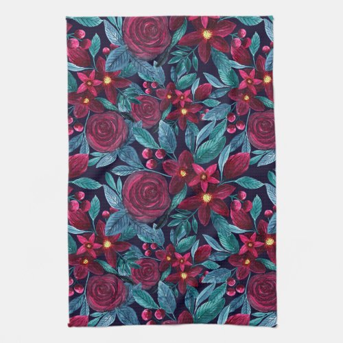 Elegant Navy Burgundy Christmas Floral Watercolor Kitchen Towel