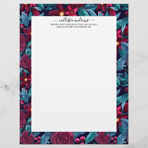 Elegant Navy Burgundy Christmas Floral Watercolor Letterhead