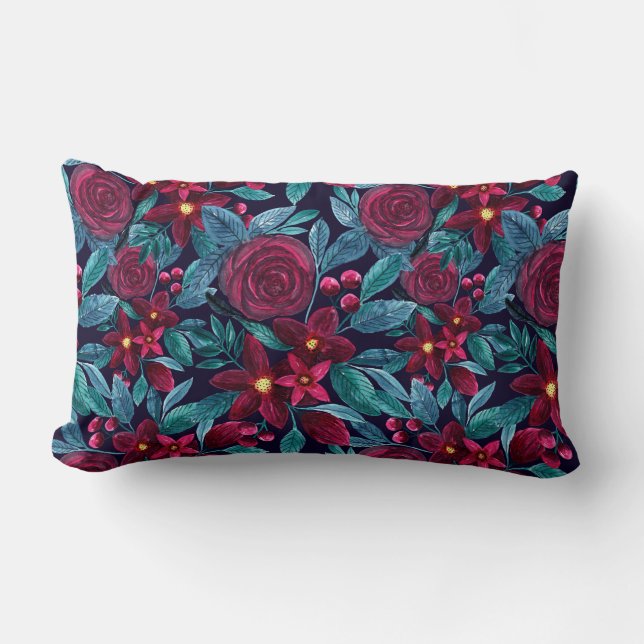 Elegant Navy Burgundy Christmas Floral Watercolor Lumbar Pillow (Front)