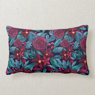 Elegant Navy Burgundy Christmas Floral Watercolor Lumbar Pillow