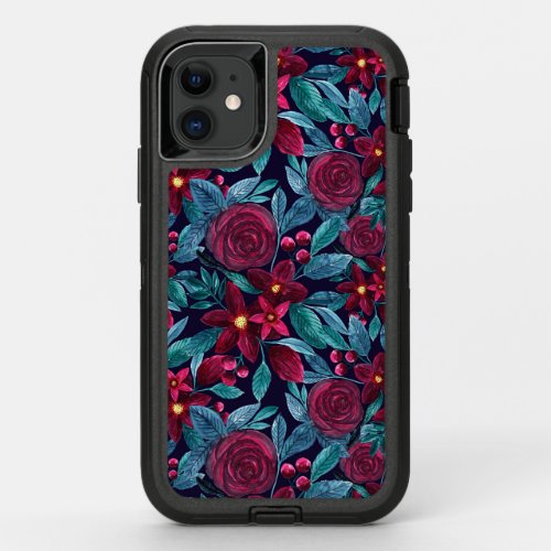 Elegant Navy Burgundy Christmas Floral Watercolor OtterBox Defender iPhone 11 Case