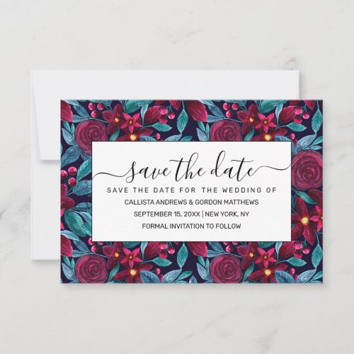 Elegant Navy Burgundy Christmas Floral Watercolor Save The Date