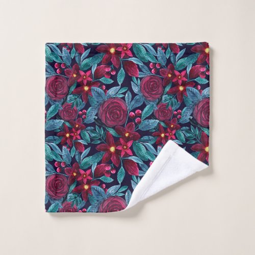 Elegant Navy Burgundy Christmas Floral Watercolor Wash Cloth