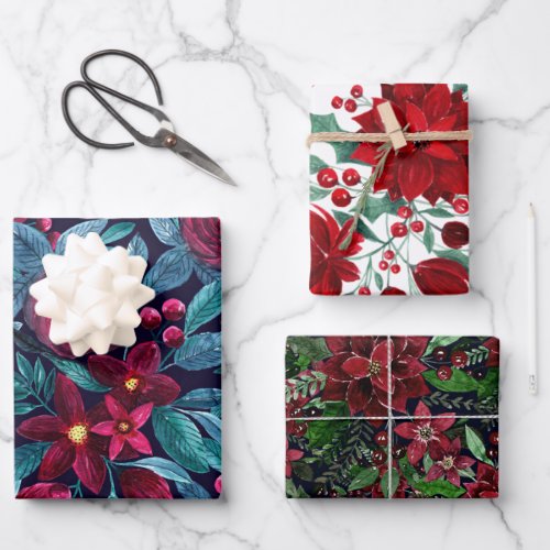 Elegant Navy Burgundy Christmas Floral Watercolor Wrapping Paper Sheets
