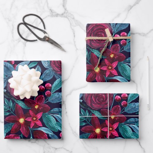 Elegant Navy Burgundy Christmas Floral Watercolor Wrapping Paper Sheets