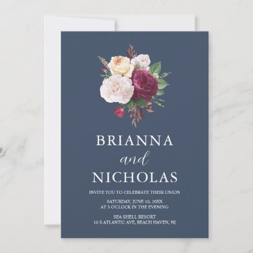 Elegant Navy Burgundy Floral All in One Wedding Invitation