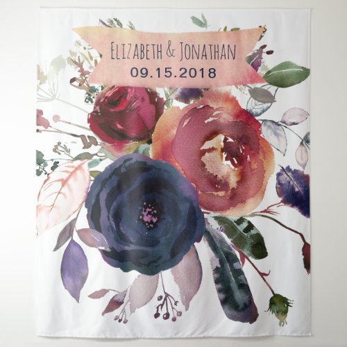 Elegant Navy Burgundy Floral Photo Booth Banner Tapestry