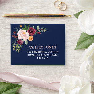 Elegant Navy Burgundy Floral RSVP Wedding Envelope