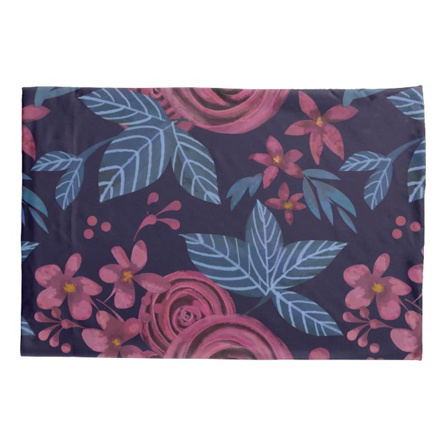 Elegant Navy Burgundy Floral Watercolo Pillow Case (Back)