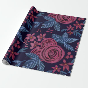Elegant Navy Burgundy Floral Watercolo Wrapping Paper