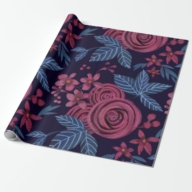 Elegant Navy Burgundy Floral Watercolo Wrapping Paper (Unrolled)